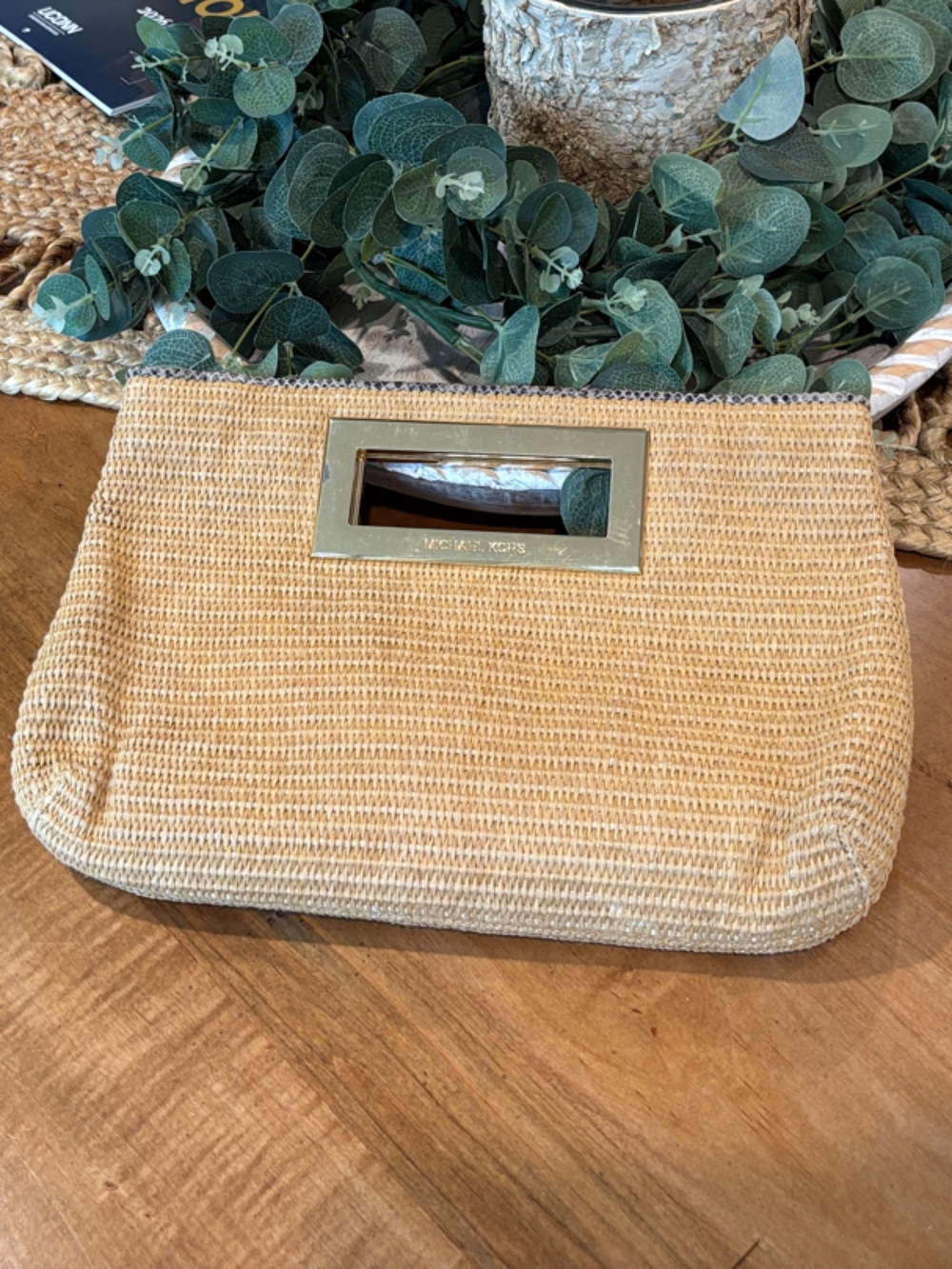 Michael Kors Berkley Straw Woven Clutch Bag